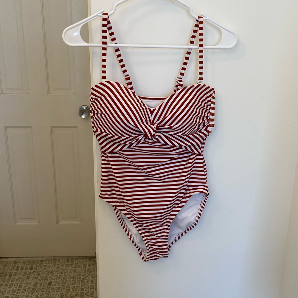Kona Sol Small Rust and White striped One Piece Swimsuit Bandeu Front Twist Knot